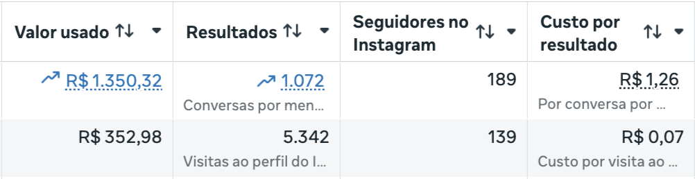 Print real: negócio local com 189 seguidores e custo por conversa R$ 1,26
